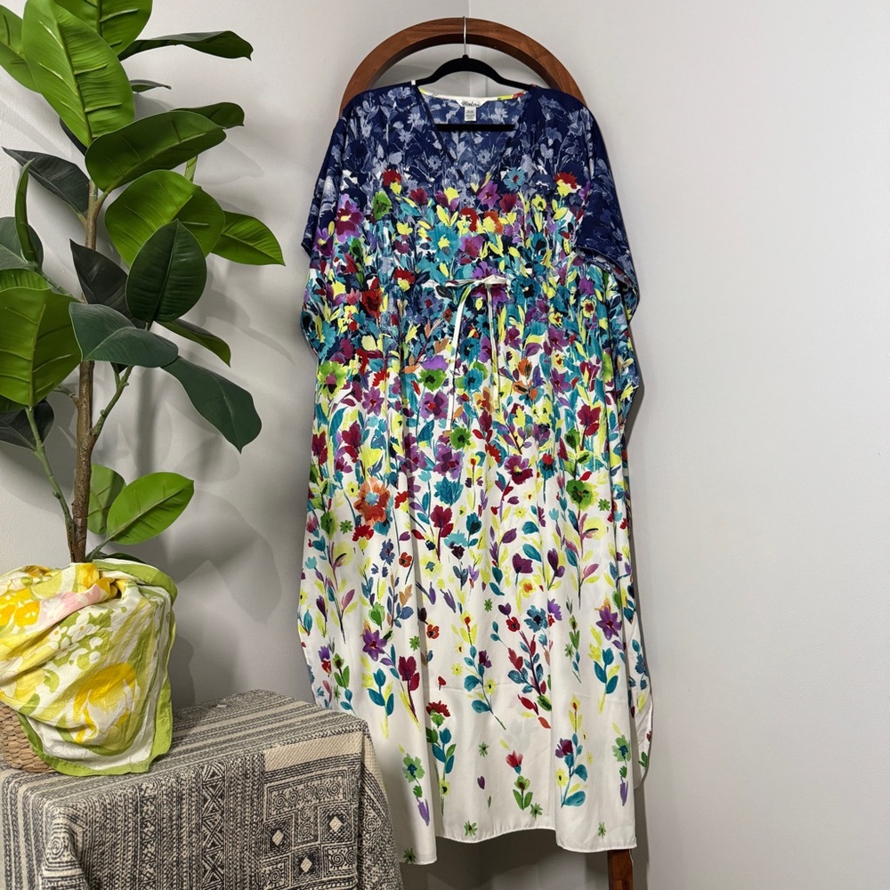 Winlar OSFM Satin Blue White Ombre Floral Kaftan Maxi Dress